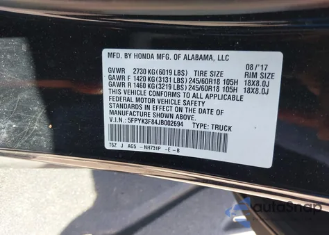 2018 Honda Ridgeline Black Edition из США, поврежденный, VIN 5FPYK3F84JB002694